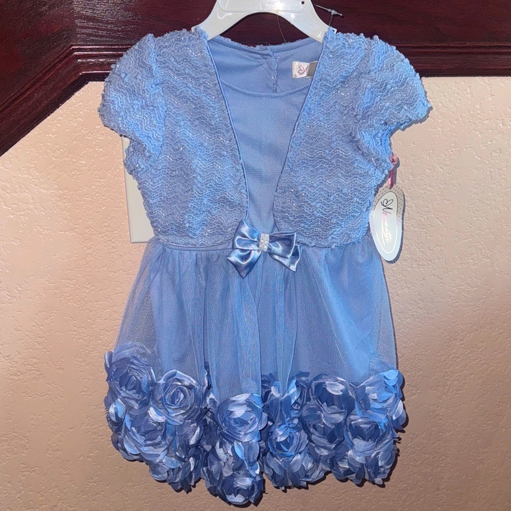 Nannette Blue Rose Formal Kids Dress with Bow and Built on Cardigan NWT 4T NEW